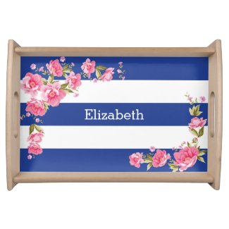 Elegant Peonies and Stripes Serving Tray