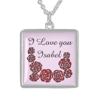 I love you Personalized Floral Border of Red Roses Square Pendant Necklace