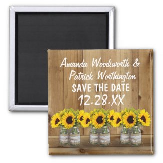Sunflower Mason Jar Burlap and Lace Save the Date Magnets