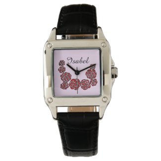 Red Roses Border on Pink with Personalized Name Wrist Watches