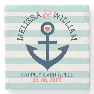 Dark Blue Wedding Nautical Anchor Mint Stripes Stone Coaster