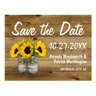 Mason Jar Burlap Sunflower Wedding Save The Date Postcard