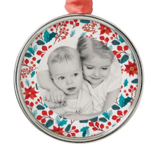 Floral Banner Holiday Photo Premium Round Ornament