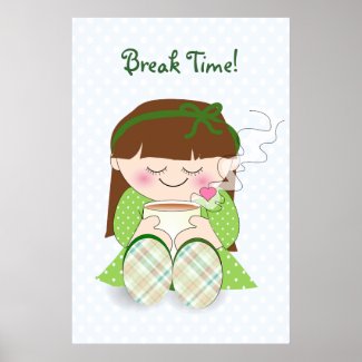 Mayonnaise Jar and Two Cups of Coffee Relax! Cute Kawaii Girl Relaxing with Tea Poster