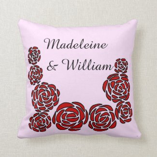 Floral Border Red Roses with Personalized Names Throw Pillow
