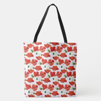 Chic Scarlet Field Poppies Floral Pattern on White Tote Bag