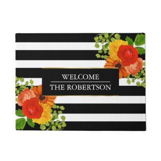 Stripes With Colorful Flowers Doormat
