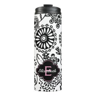 Black and White Floral With Pink Monogram Thermal Tumbler