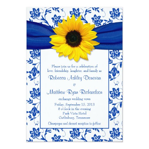 Royal Blue Damask Sunflower Wedding Invitation