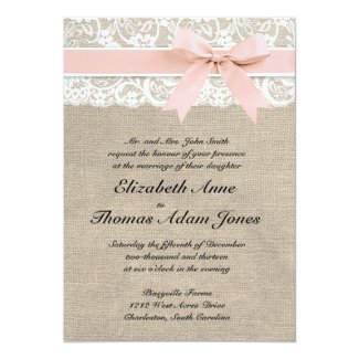 Burlap and Lace Wedding Invitation with Pink Ribbon