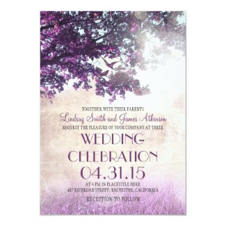 Romantic Purple Wedding Invitation with Oak Tree and Love Birds