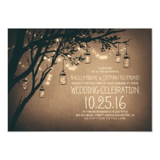 Rustic String Of Lights Wedding Invitation with Mason Jars