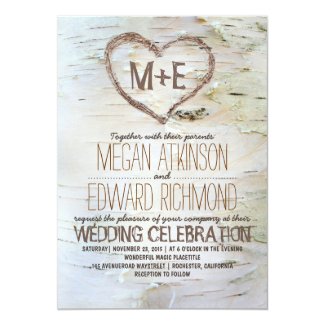 Birch tree heart rustic wedding invitations