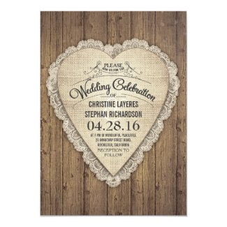 Rustic Barn Wedding Invitation with Burlap and Lace Heart