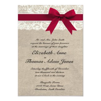 Rustic Lace and Red Ribbon Wedding Invitation