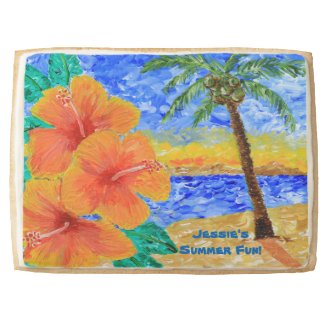 Tropical Beach Hibiscus Coconut Tree Sun Painting Shortbread Cookie