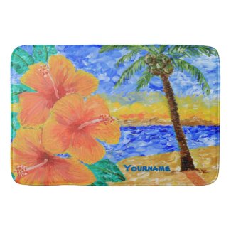 Tropical Beach Hibiscus Coconut Tree Sun Painting Bathroom Mat