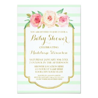 Mint Stripes Pink Watercolor Floral Baby Shower Card