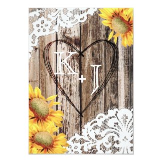 Country Sunflower Wood Lace Rustic Wedding Card