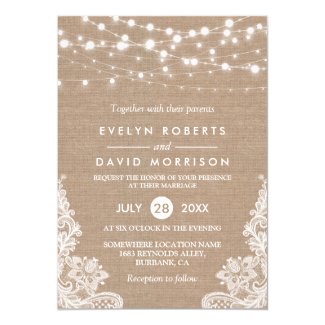 White Lace Wedding Invitation with Burlap and String Lights