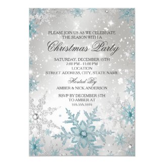 Blue &amp; Silver Crystal Snowflake Christmas Party Card