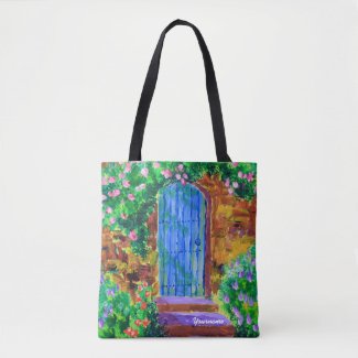 Blue Wooden Door Secret Rose Garden Painting Tote Bag