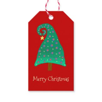 Silly Green Christmas Tree On Red Gift Tags