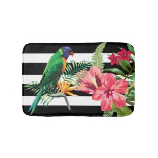 Black And White Stripes With Flowers And Parrot Bath Mat