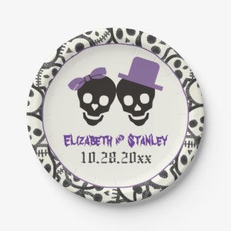 Fun skulls Halloween purple and black wedding Paper Plate