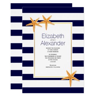 Starfish and navy blue white stripes beach wedding card