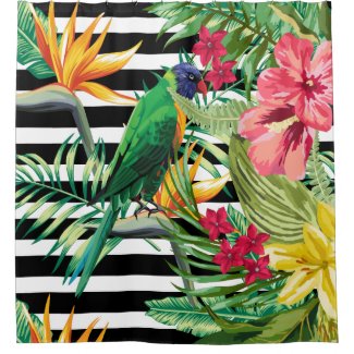 Black And White Stripes And Flowers And Parrot Shower Curtain