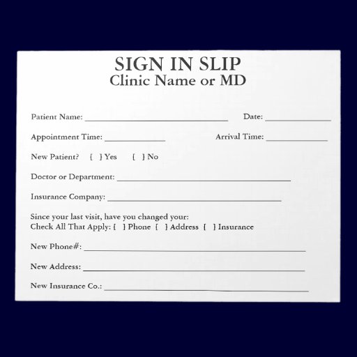 Privacy Patient Sign In Slips Notepad (White)