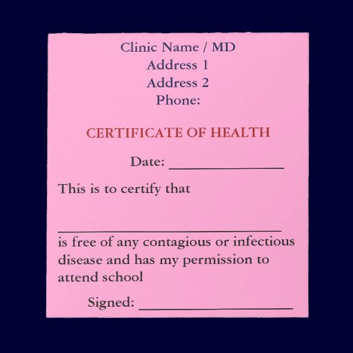 Certificate of Health Notepad (Pink)