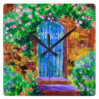 Lovely Blue Wooden Door to Secret Rose Garden Square Wall Clock