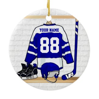 Personalized Blue and White Ice Hockey Jersey Ceramic Ornament