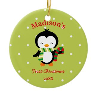 Baby&#39;s First Christmas Cute Penguin and Polka Dots Ceramic Ornament