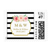 Black Stripes Pink Floral Wedding Monogram Stamps