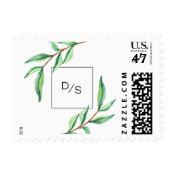 Minimalist Green Leaves with Monogram Wedding Stamp