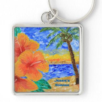 Tropical Beach Hibiscus Coconut Tree Sun Painting Silver-Colored Square Keychain
