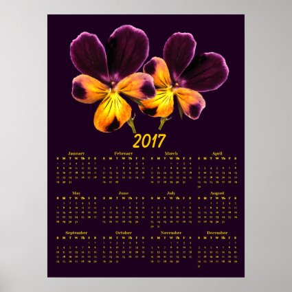 Purple Yellow Pansy Flowers 2017 Calendar Poster