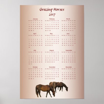 Grazing Brown Horses 2017 Animal Calendar Poster