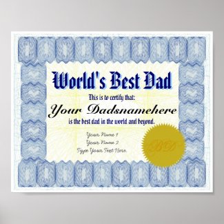 World's Best Dad Certificate Poster