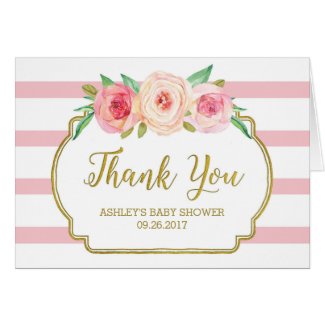 Pink Floral Stripes Gold Baby Shower Thank You Card