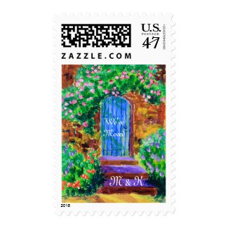 Lovely Blue Wooden Door to Secret Rose Garden Postage Stamp