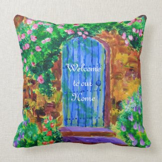 Lovely Blue Wooden Door to Secret Rose Garden Throw Pillow