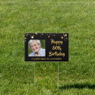90th Birthday Black Gold Stars Two Photos Name Sign