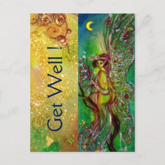 GREEN FAIRY AND GOLD FLORAL SPARKLES Get Well Soon Postcard