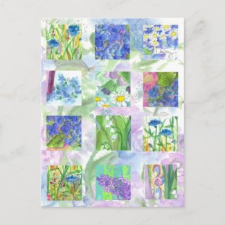 Blue Watercolor Flowers Collage Art Lilac Daisy Postcard