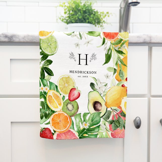 Watercolor Tropical Citrus Fruit Monogram Kitchen Towel
