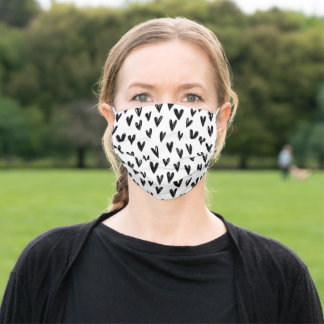Cute Black And White Doodle Hearts Adult Cloth Face Mask